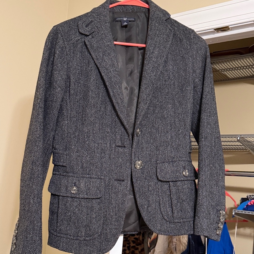 Gap Wool Gray Herringbone Blazer with Button Details
